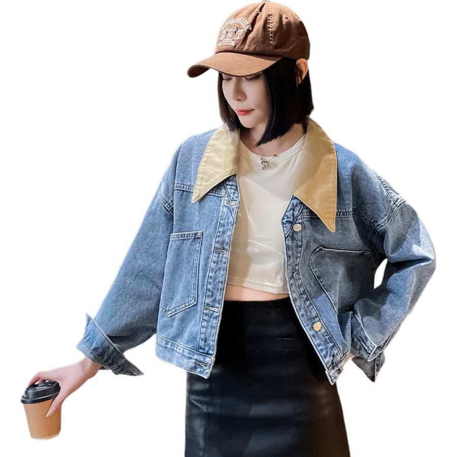 Tonlion Denim Jackets Women's Light Blue Lapel Moderate Straight Fit