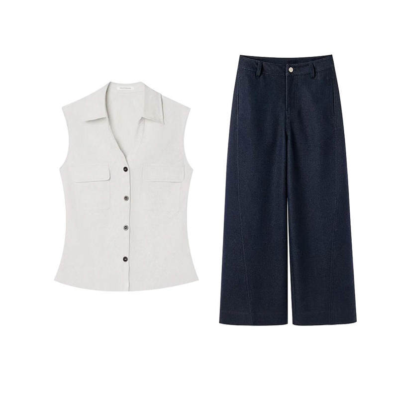 MARIE·COCO Casual Suits Women's White Vest Top+Pants Lapel Moderate Short