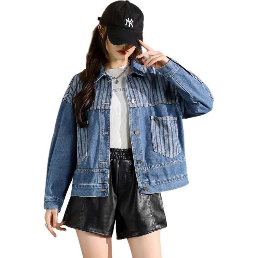 Tonlion Denim Jackets Women's Blue Lapel Moderate Straight Fit