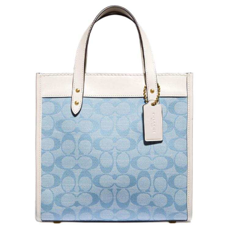 COACH Field Chambray With Leather Tote Crossbody Handbag Small Women's Blue White