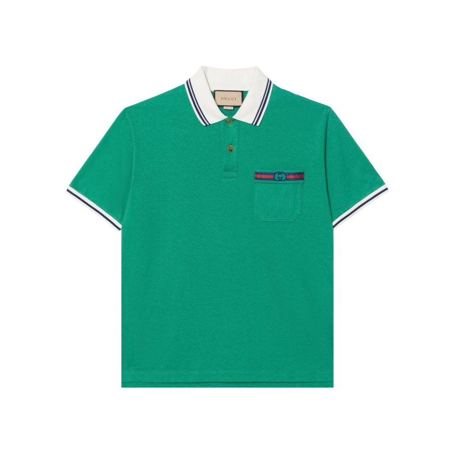 GUCCI Polo Shirts Men's Green Polo Collar Moderate Straight Fit