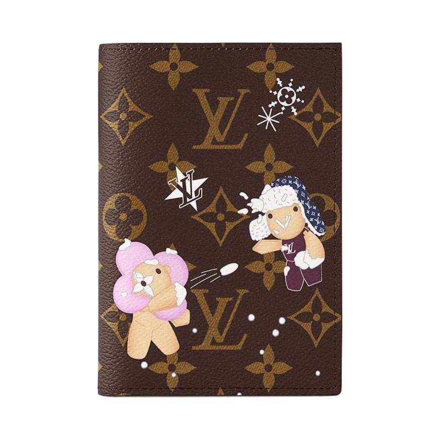 LOUIS VUITTON Snow Show Leather Trim Passport Holder, Wallet Women's Brown & Light Blue