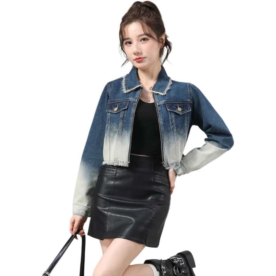 Tonlion Denim Jackets Women's Blue Gray Lapel Moderate Straight Fit