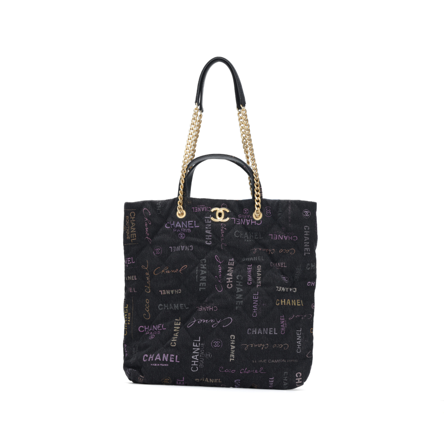 CHANEL 22P Print Denim Material Vintage Gold Chain Tote Bag, Shopping Bag, Shoulder Bag, Handbag Women's