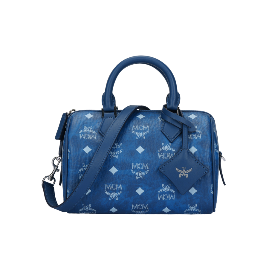 MCM Ella Artificial Leather Boston Bag, Shoulder Bag, Crossbody Bag, Handbag Small Women's Blue