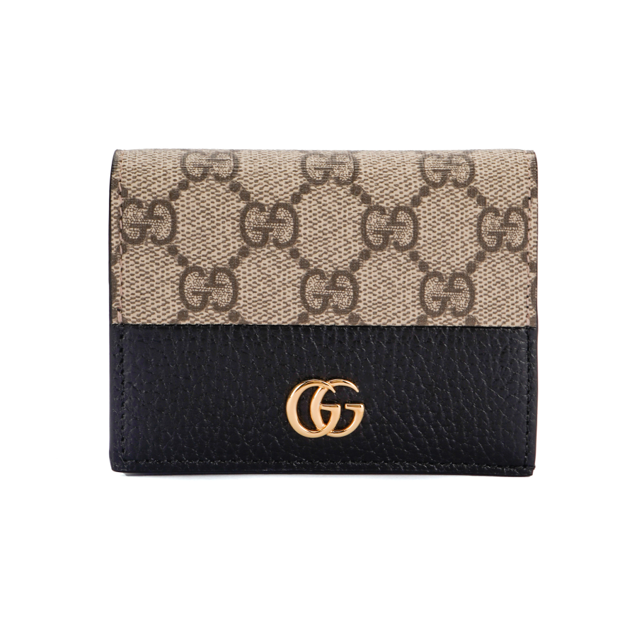 GUCCI Marmont Canvas With Leather Double Fold Flap Card Holder, Wallet Women's Beige Black