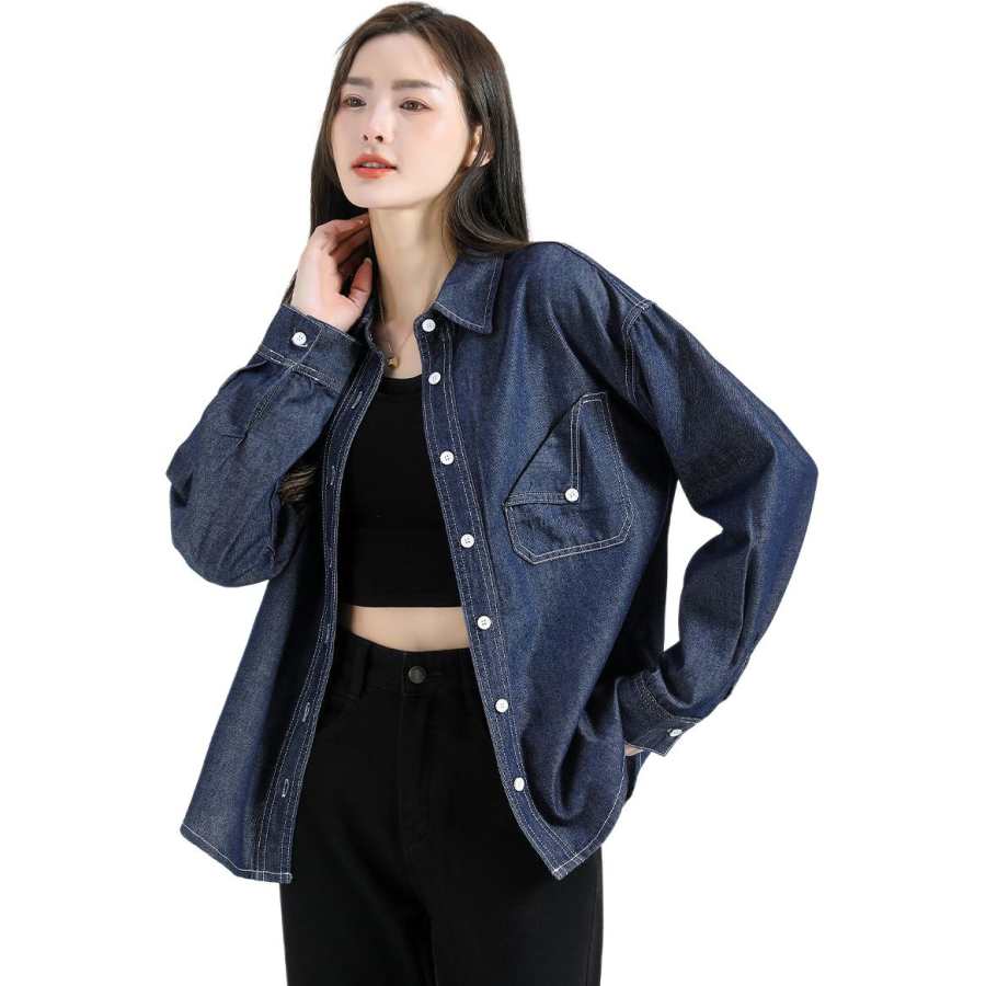 Tonlion Denim Jackets Women's Dark Blue Lapel Moderate Straight Fit
