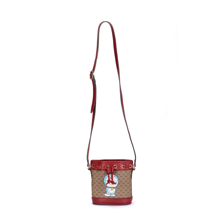 GUCCI Doraemon Collaboration Canvas With Leather Bucket Bag, Shoulder Bag, Crossbody Bag Women's Red