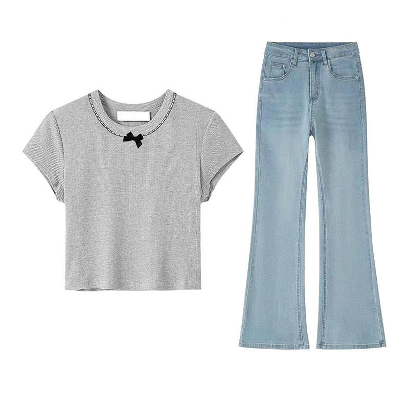 MARIE·COCO Casual Suits Women's Gray T Shirt Top+Jeans Lapel Moderate Short
