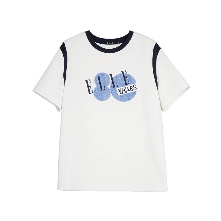 ELLE T Shirts Women's Ecru Crew Neck Moderate Straight Fit