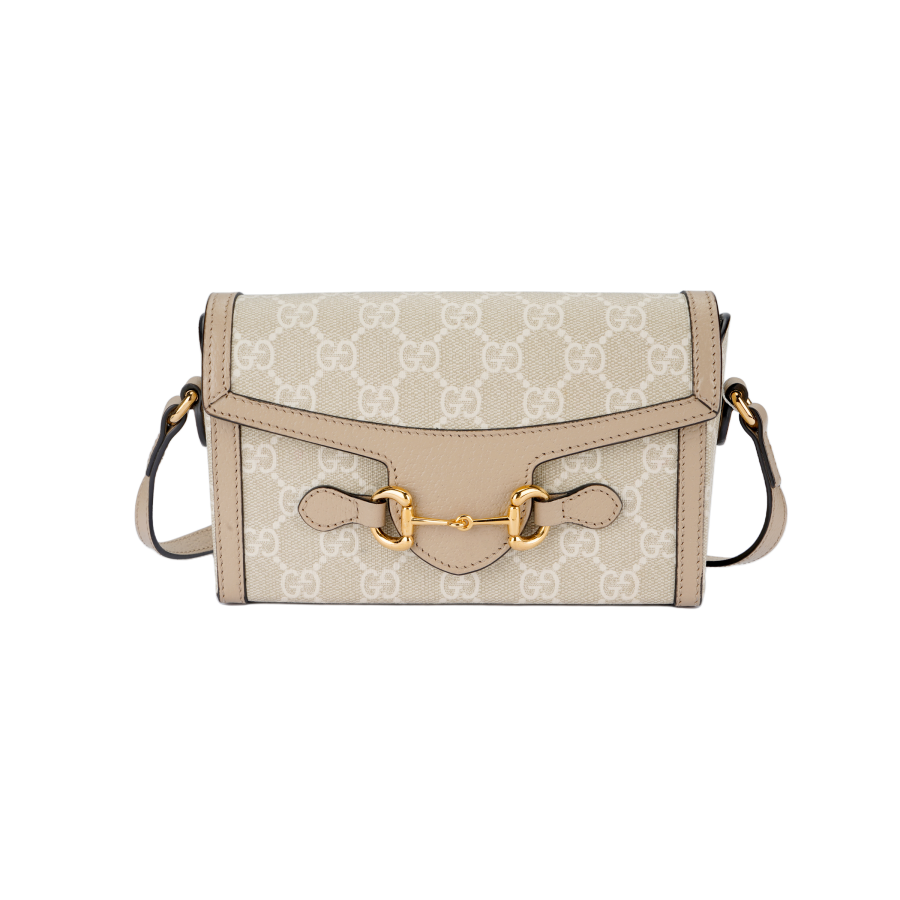 GUCCI Horsebit 1955 Canvas With Leather Trim Box Bag Shoulder Bag, Crossbody Bag Mini Women's Beige & White