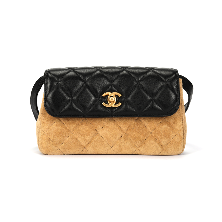 CHANEL Sheepskin Material Gold Metal Crossbody Bag, Shoulder Bag Women's Black Beige
