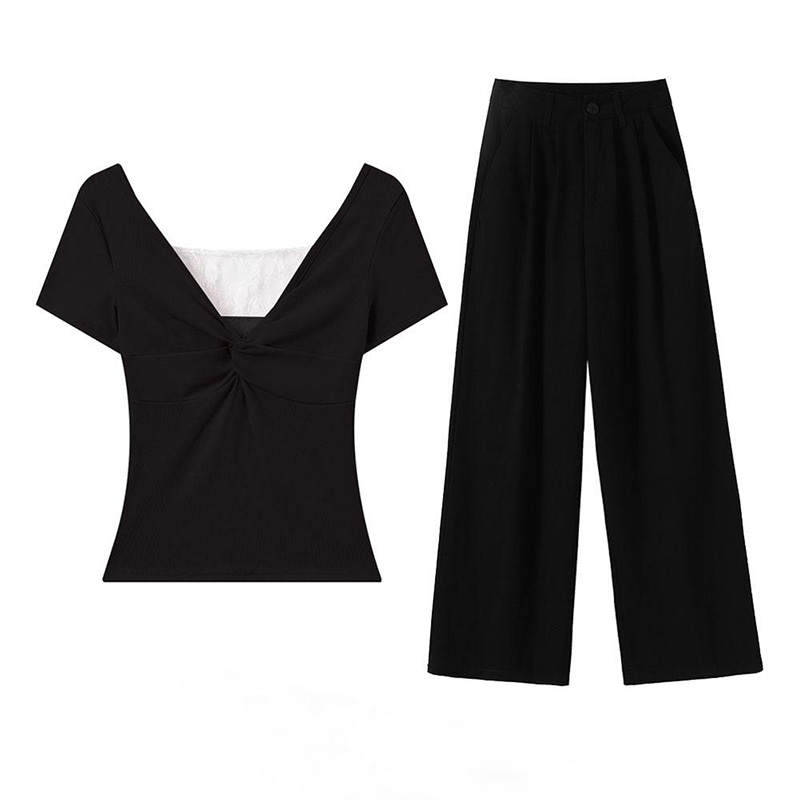 MARIE·COCO Casual Suits Women's Black Top+Pants V Neck Moderate Short