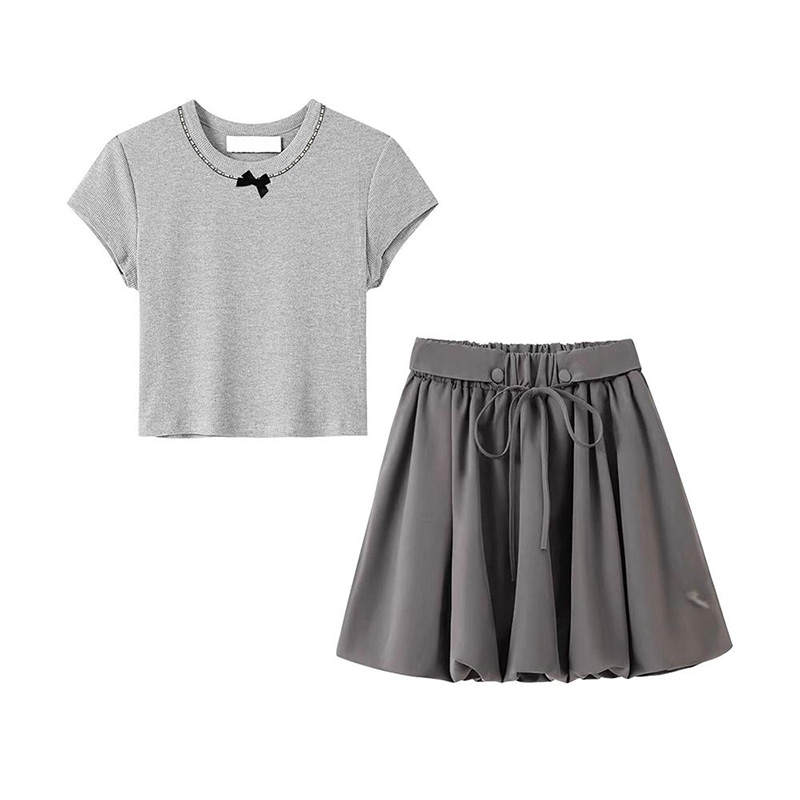 MARIE·COCO Two Piece Skirt Sets Women's Gray Top+Skirt Crew Neck Moderate Short