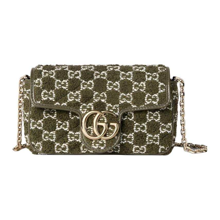 GUCCI GG Marmont Leather Binding Shoulder Bag Mini Women's Dark Green And Ivory White