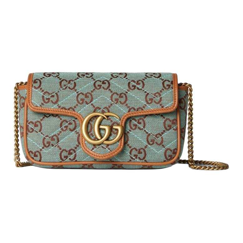 GUCCI Canvas With Leather Binding Crossbody Bag, Shoulder Bag Extra Mini Women's Light Blue & Brown