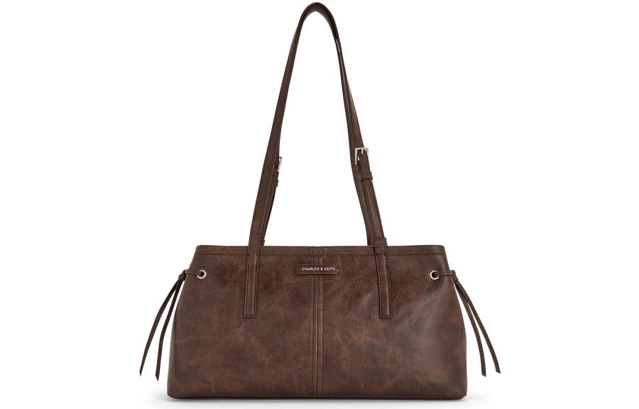 CHARLES&KEITH Pu Shoulder Bag Medium Women's Distressed Coffee/Noir Black