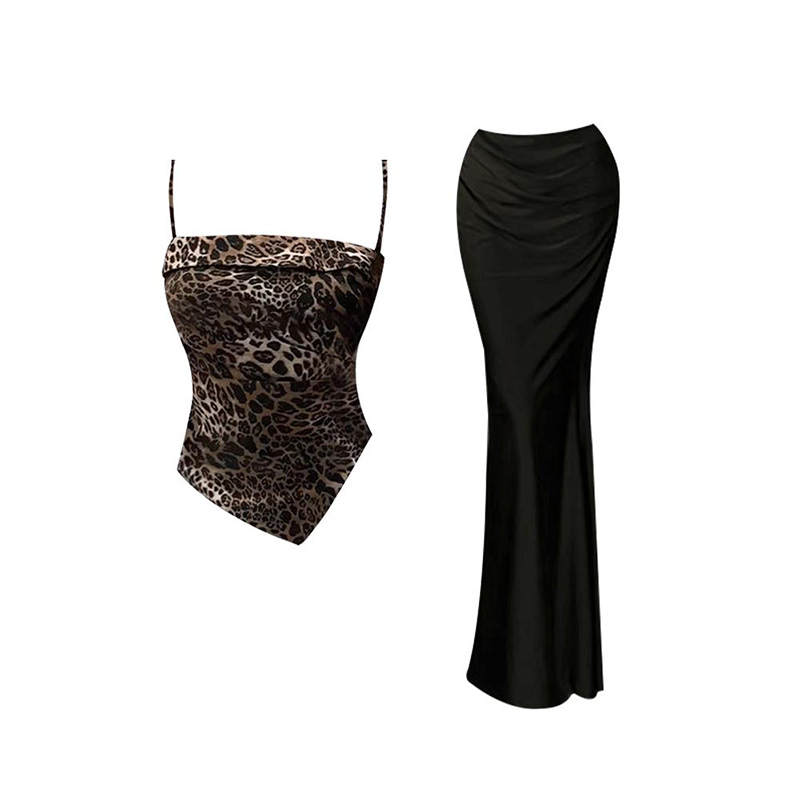 MARIE·COCO Two Piece Skirt Sets Women's Leopard Print Camisole+Skirt Moderate Long