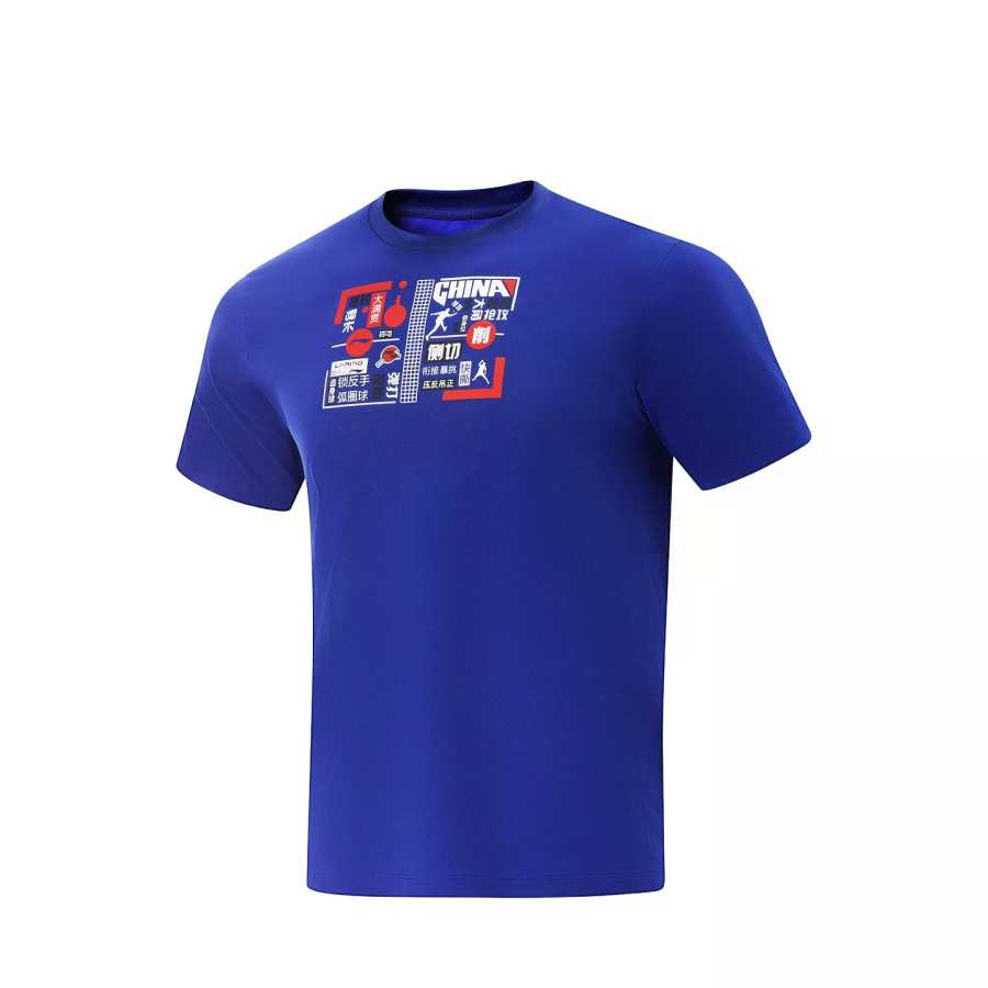 Li-Ning Li Ning T Shirts Unisex AHSVA71 1 Dark Blue Crew Neck Moderate Straight Fit