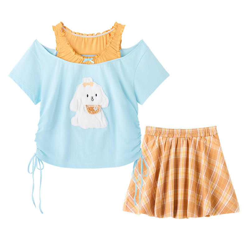 FABRIC PIG Two Piece Skirt Sets Women's Crew Neck Thin Short Skirt
