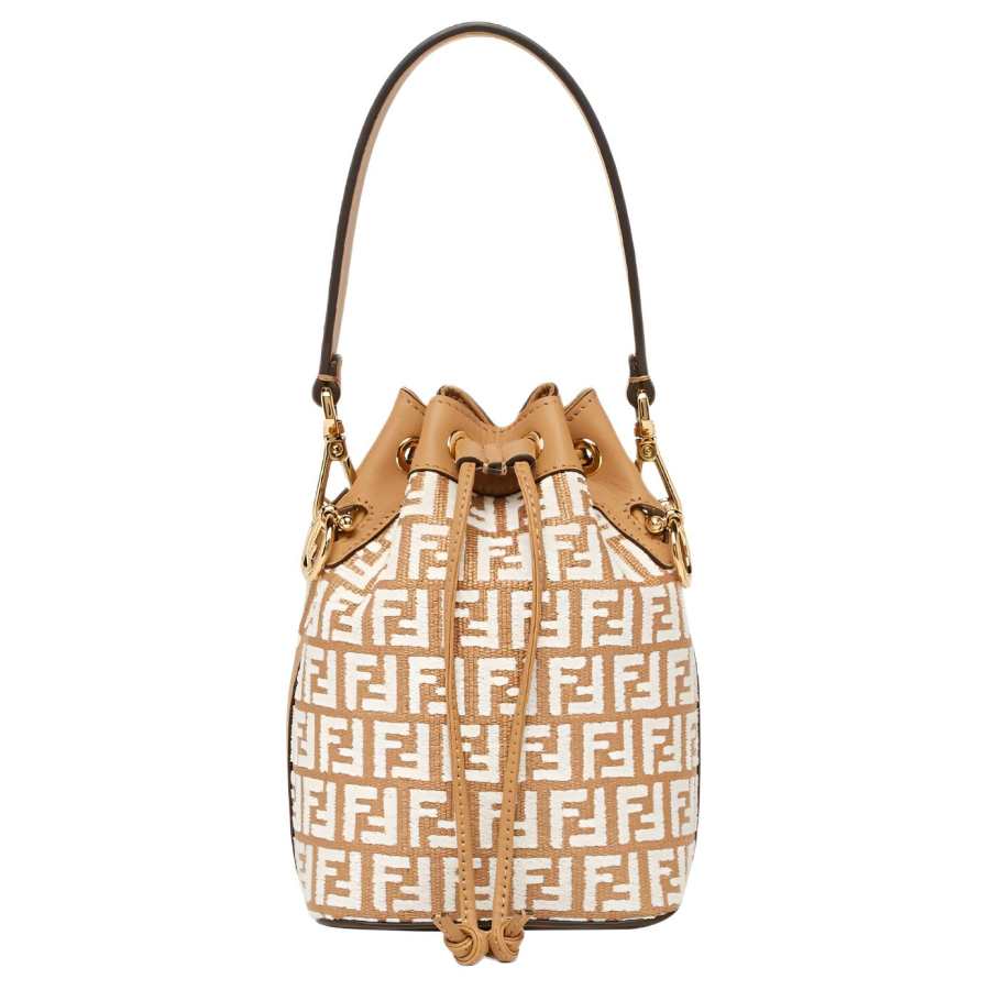 FENDI Mon Tresor Raffia Bucket Bag, Shoulder Bag, Crossbody Bag, Handbag Mini Women's Khaki/White
