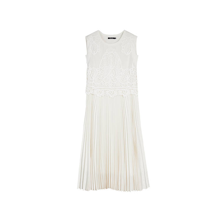 ELLE Sleeveless Dresses Women's Ecru Crew Neck Thin Mid Length