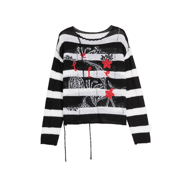 ELLE Knitwear Women's Black White Crew Neck Moderate