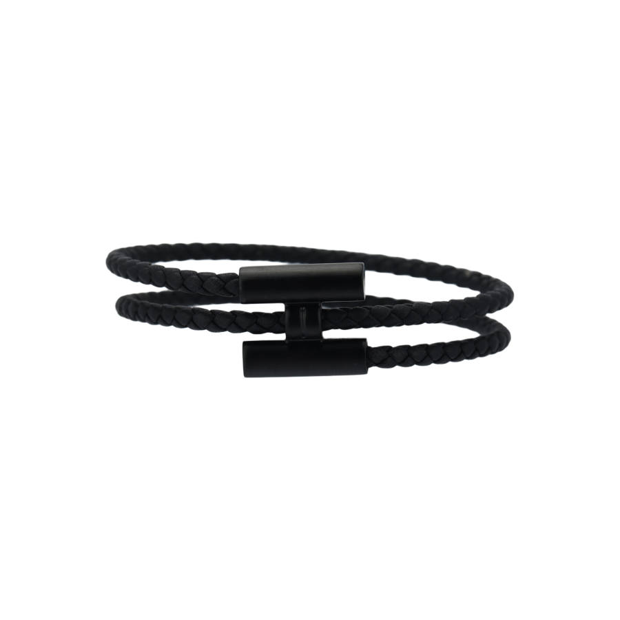 HERMES Tournis Tresse Leather Bracelets Men's Black