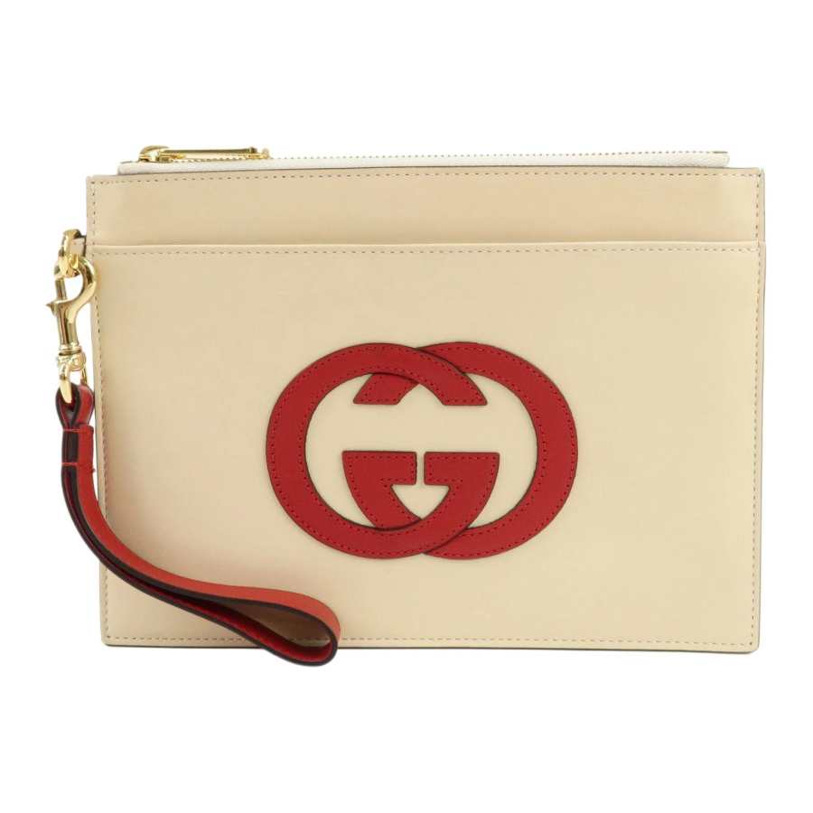 GUCCI GG Cow Leather Document Bag Clutch Women's Beige