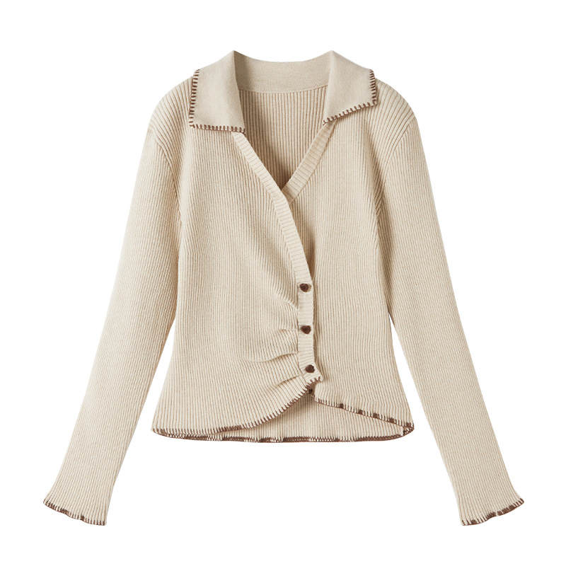 XIANGYING Knitwear Women's Beige Coffee V Neck Moderate Irregular