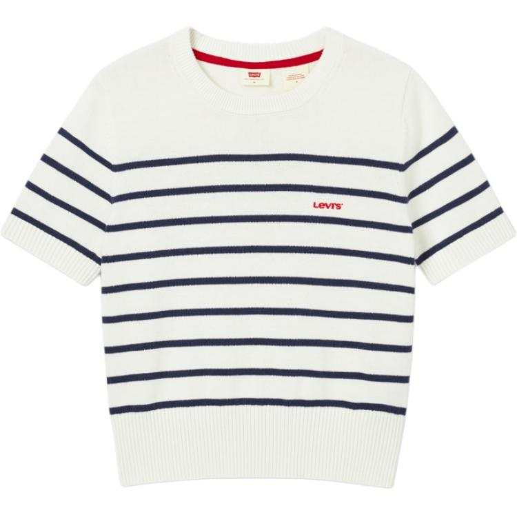 Levis T Shirts Women's Blue White Stripes Crew Neck Moderate