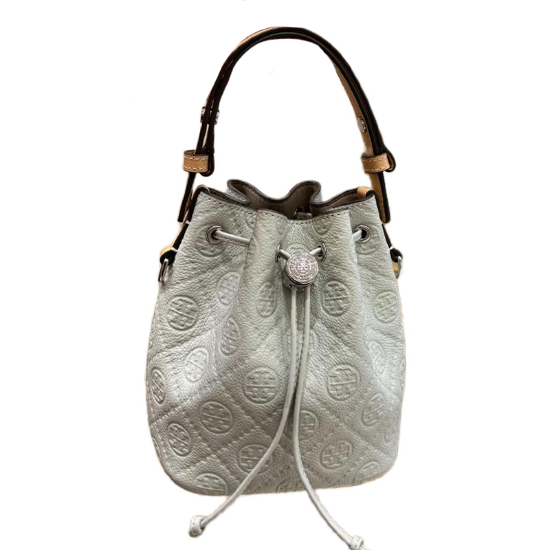 TORY BURCH T Monogram Leather Bucket Bag, One Shoulder Handbag Mini Women's Light Titanium