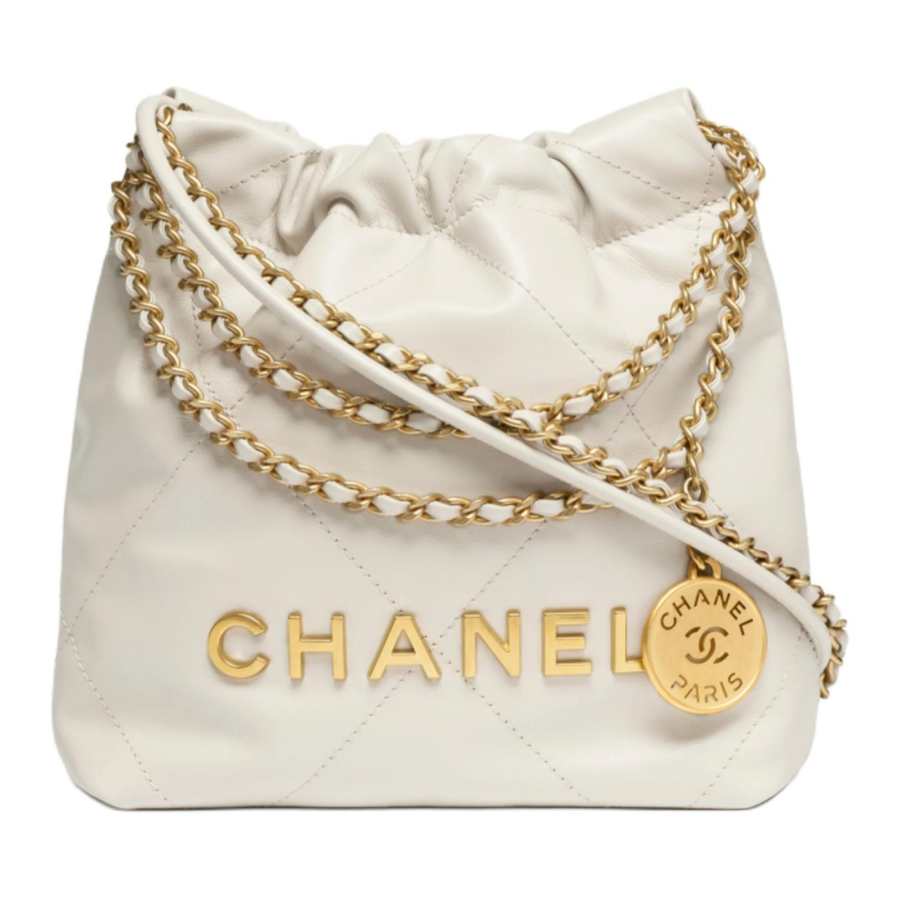 CHANEL 22Bag Smooth Finish Calfskin & Gold Metal Trash Bag, Shoulder Bag Mini Women's Light Gray