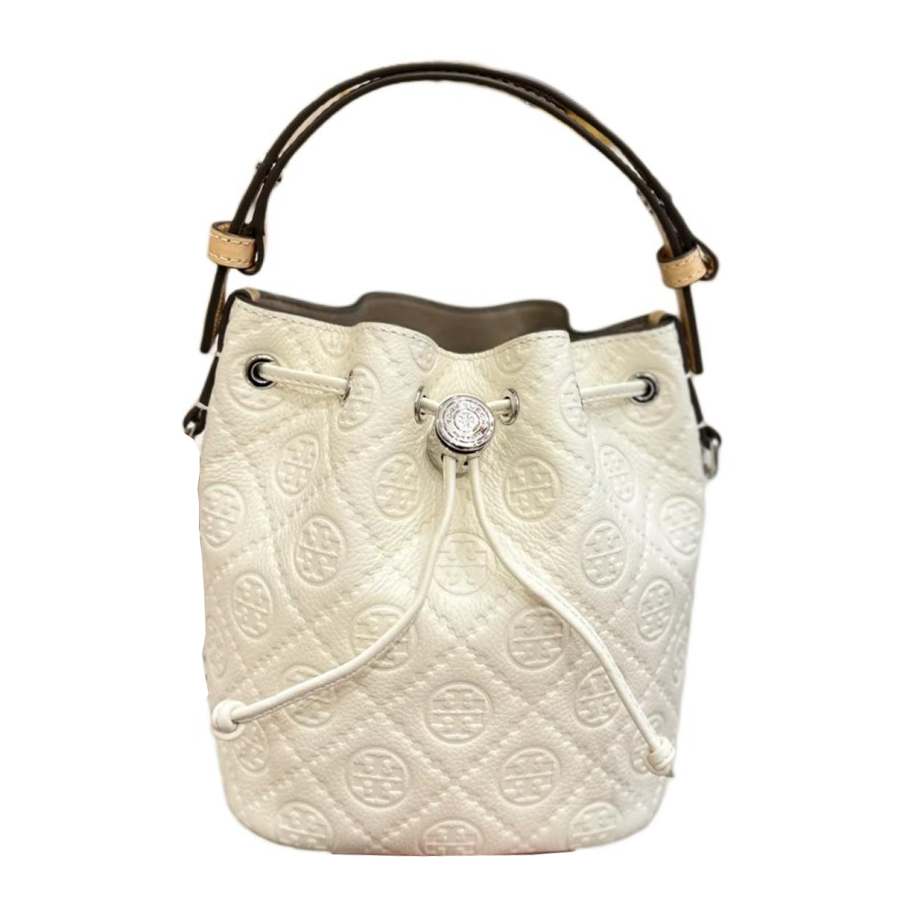TORY BURCH T Monogram Leather Bucket Bag Handbag Mini Women's Milk White