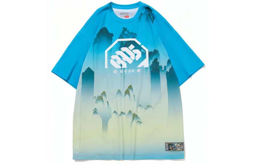 Li-Ning Li Ning T Shirts Men's Blue Crew Neck Moderate Straight Fit