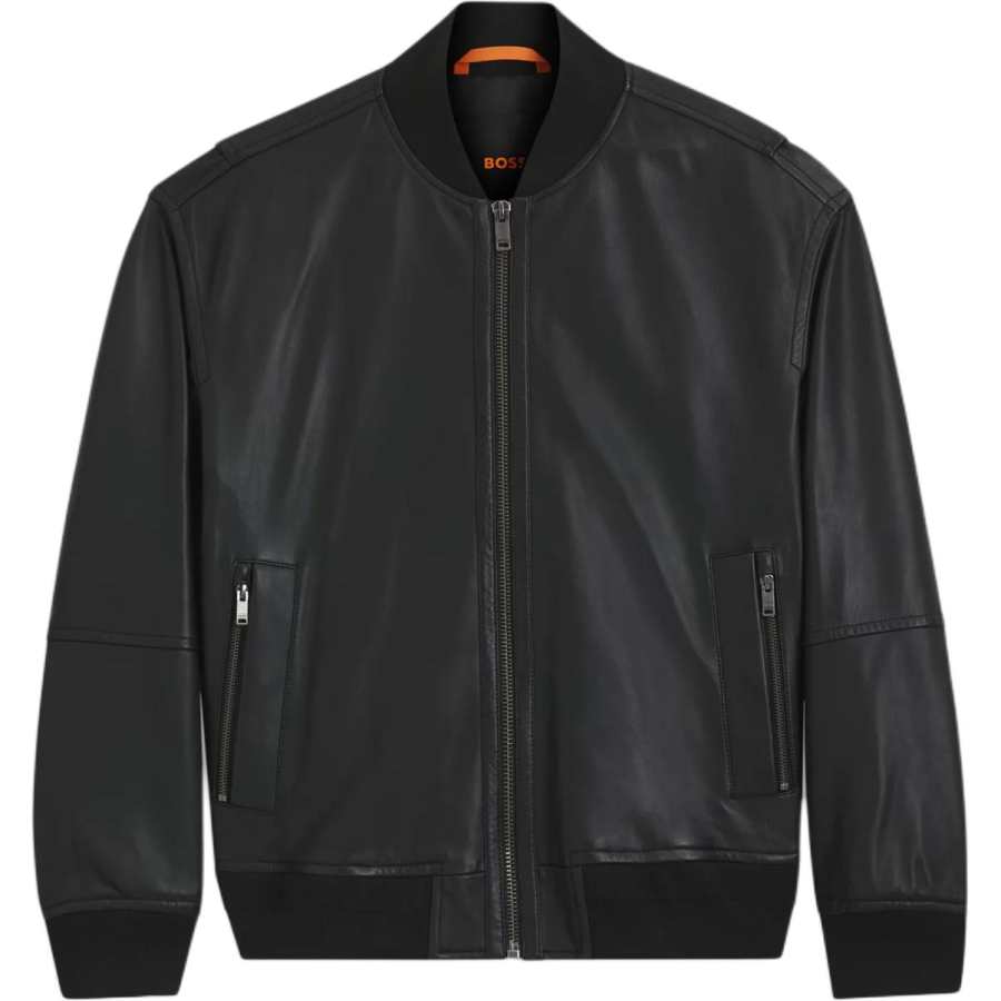 HUGO BOSS Leather Jackets Men's Black Baseball Collar Moderate
