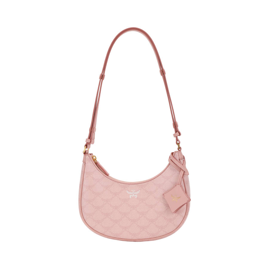 MCM Coated Canvas With Leather Crescent Bag, Hobo Bag, Shoulder Bag Small Women's Pink