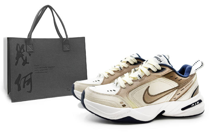 Nike Nike Air Monarch 4 White Navy Textile, Leather Abrasion Resistant Low top Chunky Sneakers Men's Beige Brown