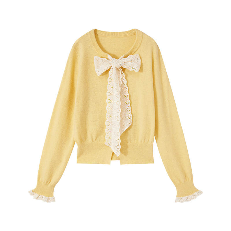 XIANGYING Knitwear Women's Transparent Yellow Crew Neck Moderate Cardigan