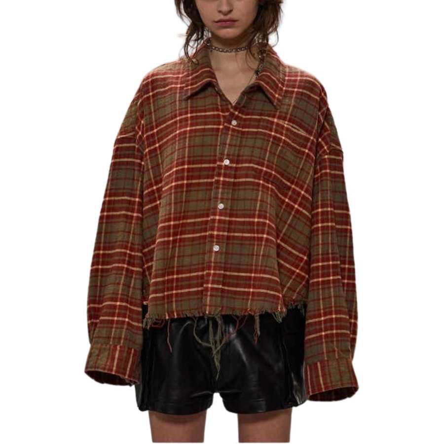 R13 plaid frayed-hem shirt
