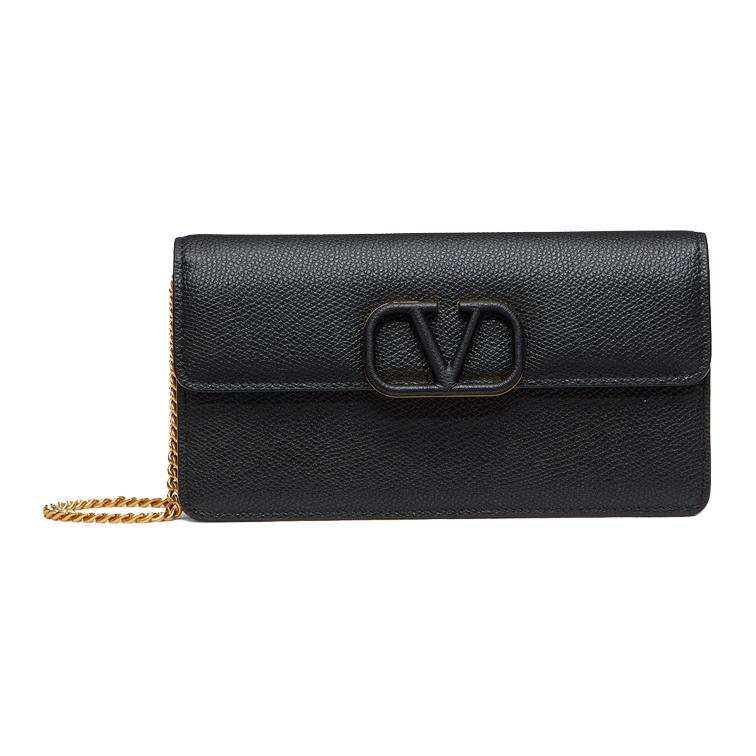 Valentino Vlogo Grain Calfskin Chain Shoulder Bag, Clutch, Handbag, Wallet Regular Women's Black