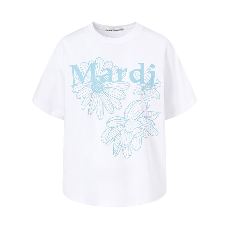 MARDI MERCREDI Three Flowers Collection SS25 T Shirt Women's White/Sky Blue Korean Style
