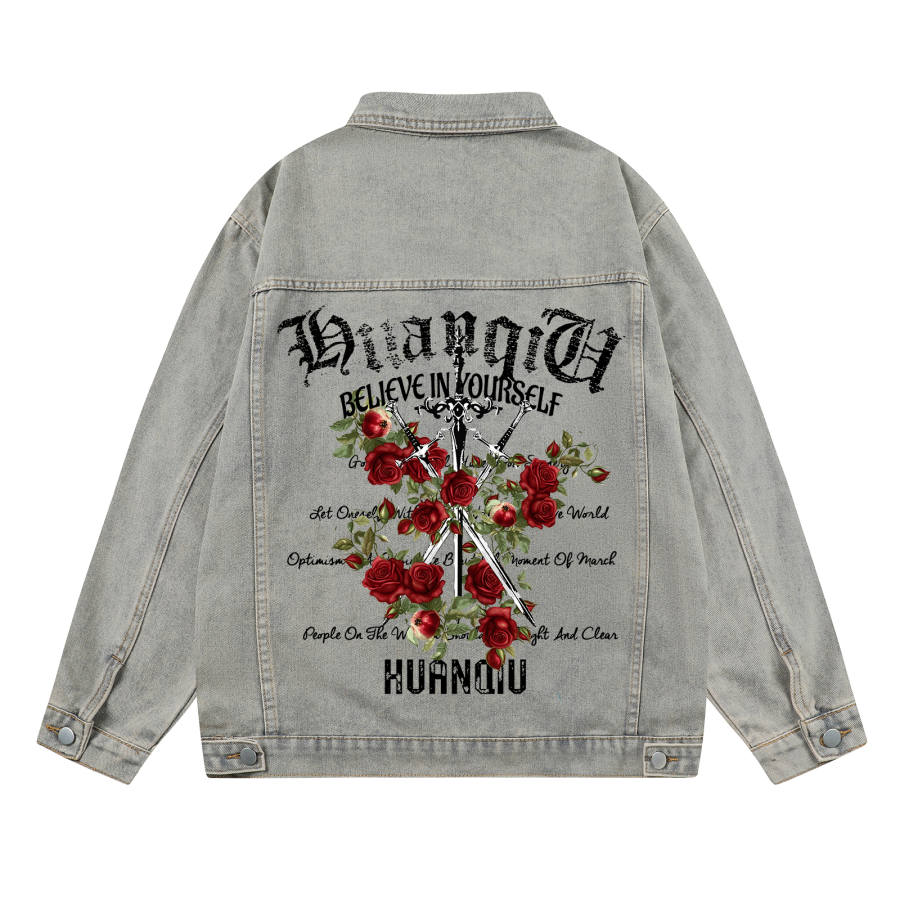 HUANQIU Denim Jackets Unisex Lapel Moderate Straight Fit