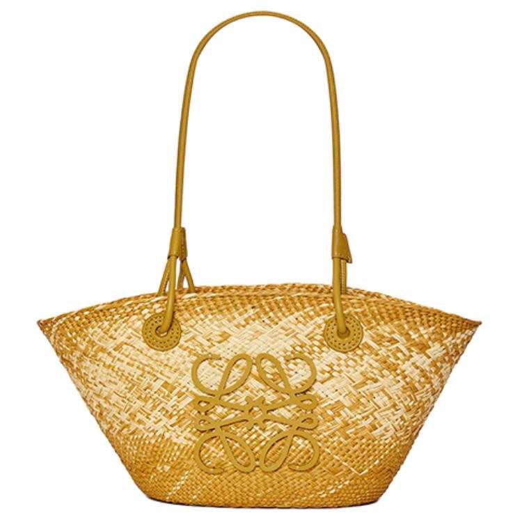 LOEWE Anagram Basket Iracap Palm Fiber With Cow Leather Handbag, Shoulder Bag Small Women's Ochre