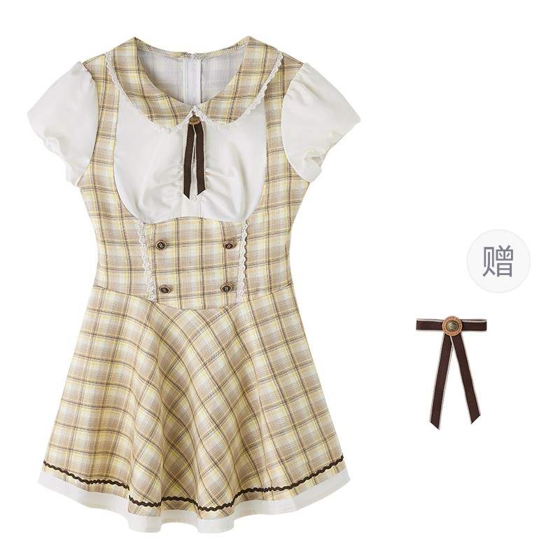 FABRIC PIG Two Piece Skirt Sets Women's Yellow Clothing Sets+Comes With Tie Stand Collar Moderate Short