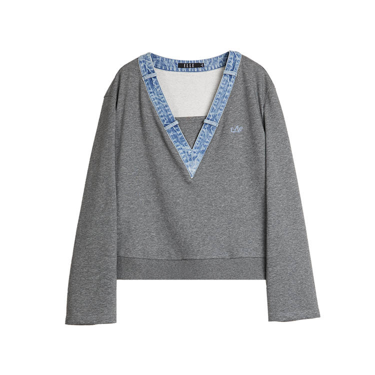 ELLE Sweatshirts Women's Medium Gray V Neck Moderate