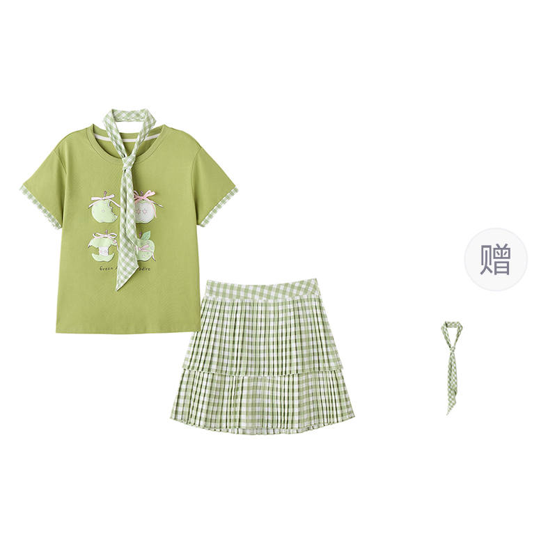 FABRIC PIG Two Piece Skirt Sets Women's Green Set Crew Neck Moderate Short
