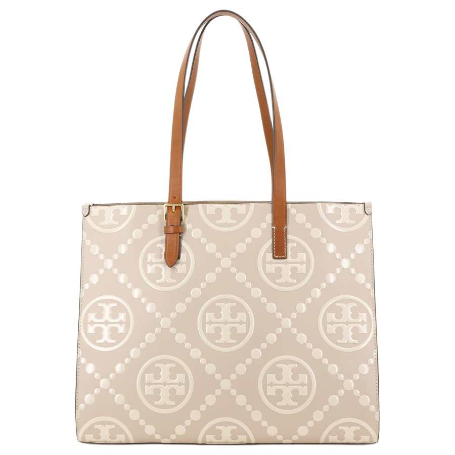 TORY BURCH T Monogram Leather Tote Handbag, Shoulder Bag Women's Longan Brown & Cream White