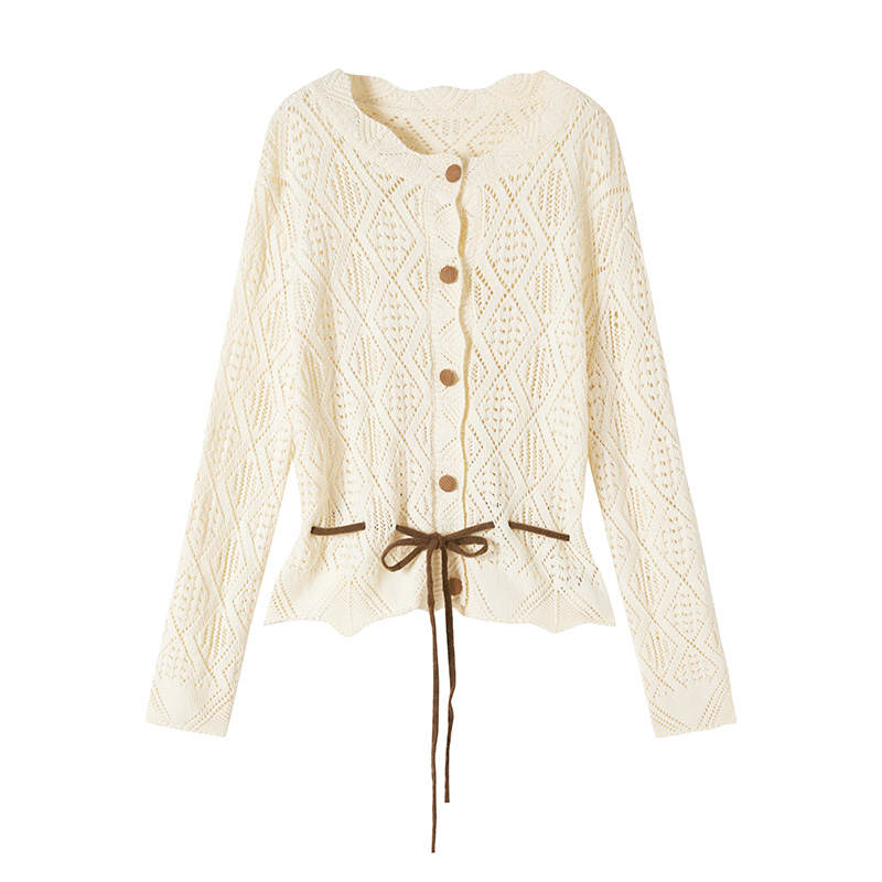 XIANGYING Knitwear Women's Heron White Crew Neck Moderate Cardigan
