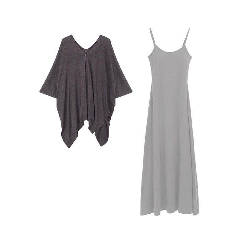 MARIE·COCO Two Piece Skirt Sets Women's Shawl+Gray Long Skirt Collarless Thin Mid Length